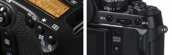 The control for AE-L/AF-L on many Canon DSLRs (left) is marked by an asterisk, while on the Fujifilm X-T1 (right) it is split into separate AE-L and AF-L buttons
